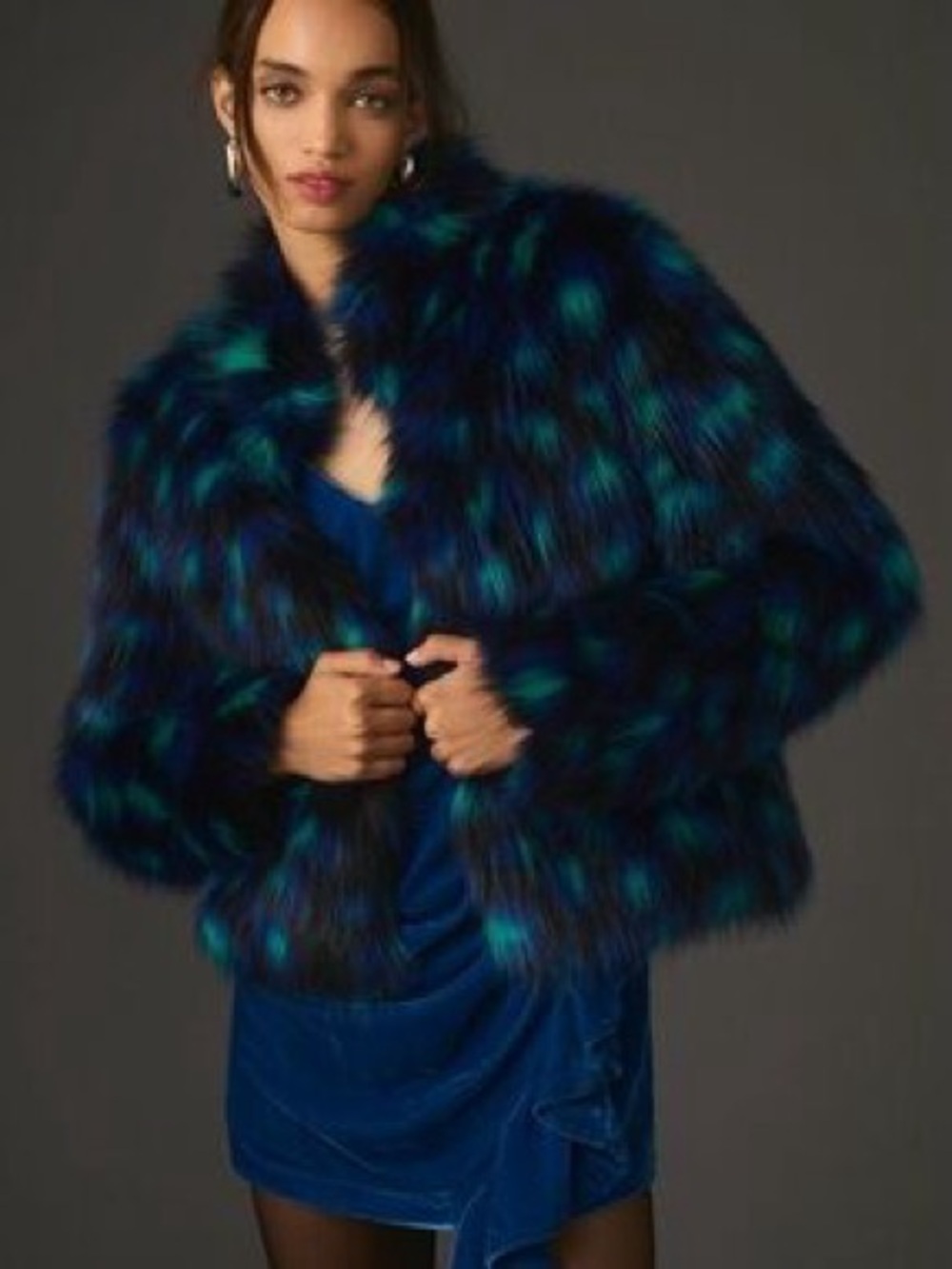 Anthropologie Blue & Teal Faux Fur Cropped Jacket
